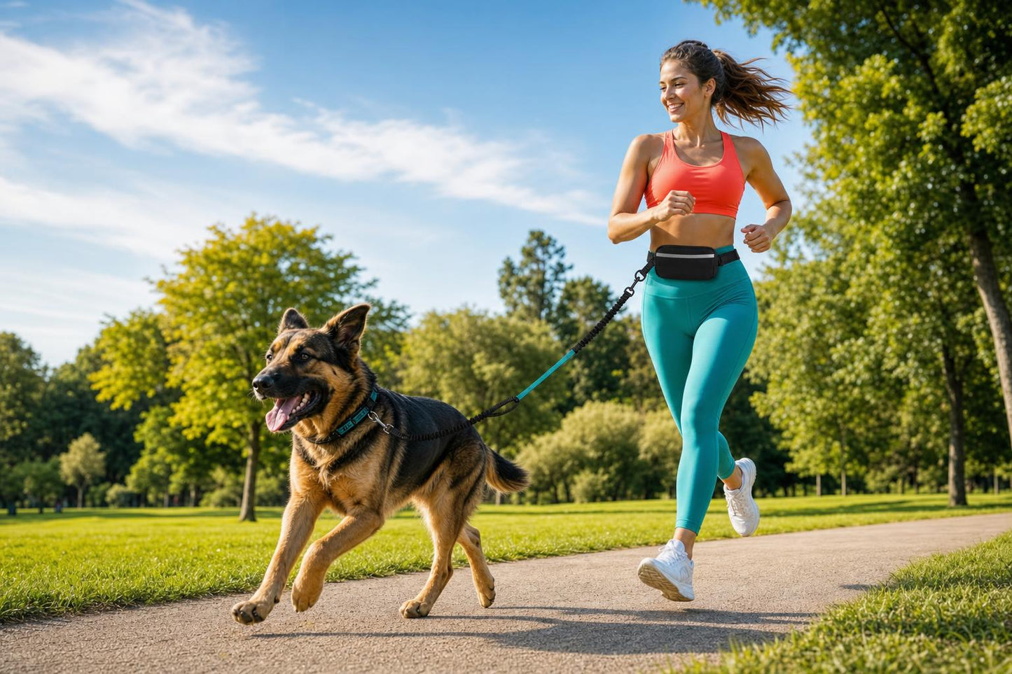 Mujer corriendo con su perro usando el cinturón manos libres